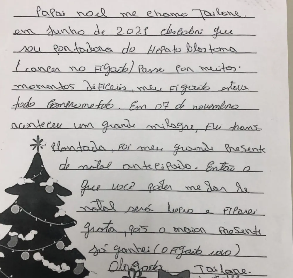 Na carta, Tailane diz que passar pelo transplante foi um presente de Natal antecipado