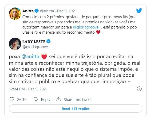 Tweets de Anitta e Gloria Groove