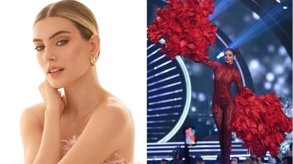 Montagem com fotos de Teresa Santos, Miss Brasil 2021. À esquerda, imagem de divulgação da votação; à direita, imagem de apresentação detraje típico