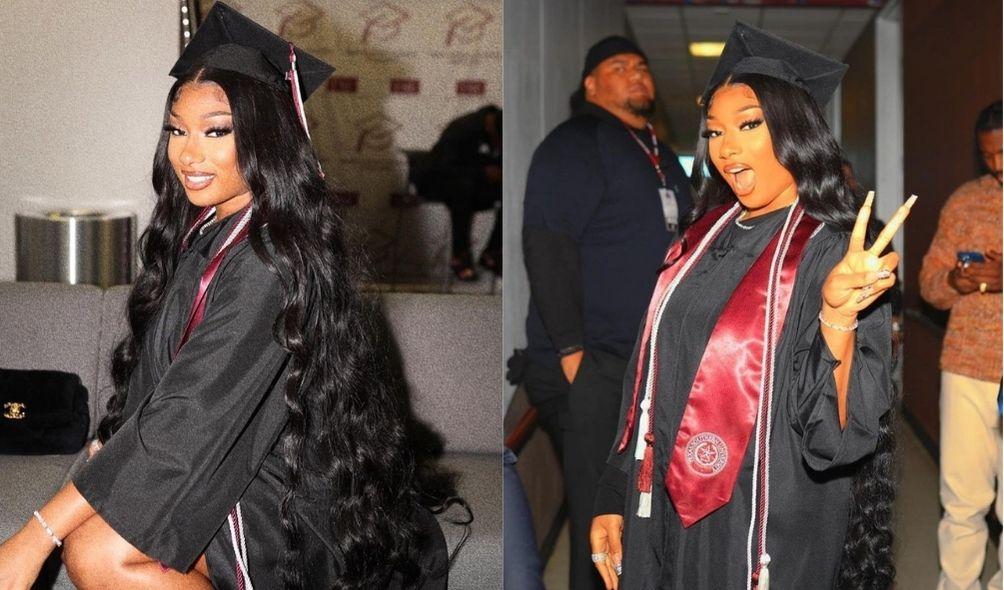 Montagem com duas fotos de Megan Thee Stallion posando com beca de formatura