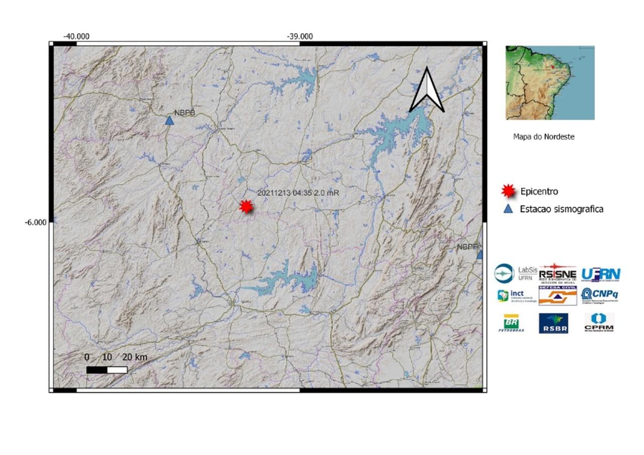 Localização epicentral simbolizada por uma estrela vermelha no mapa