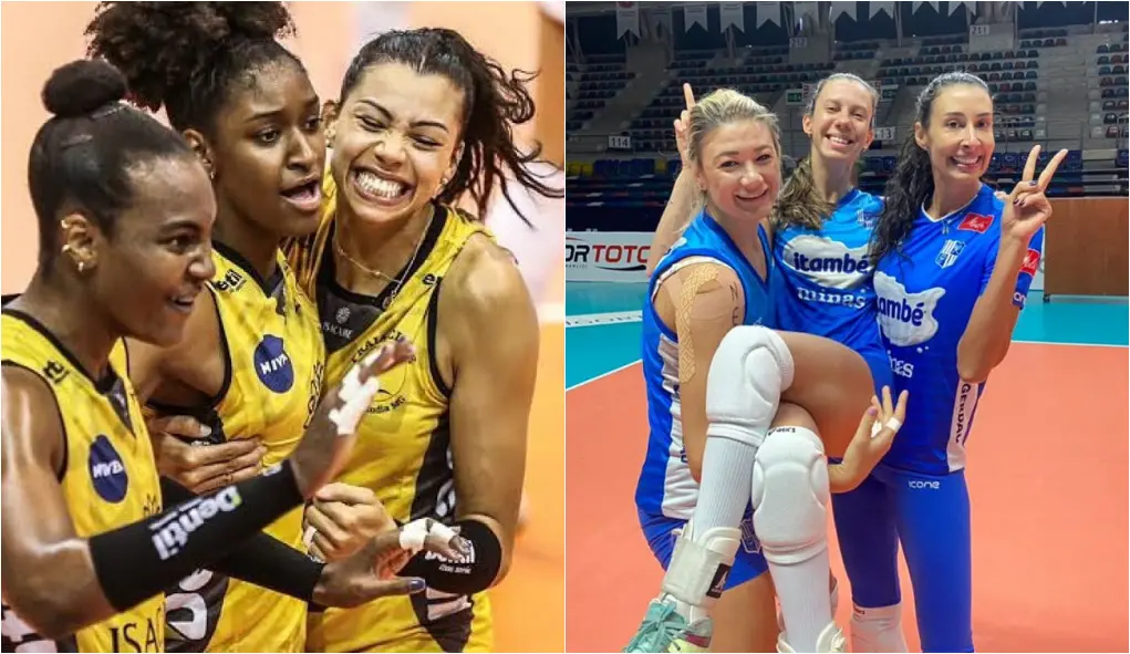 jogadoras do praia clube e do minas posam para fotos durante jogos