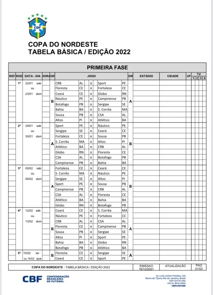 Fac-símile Documento com clubes e enfrentamentos