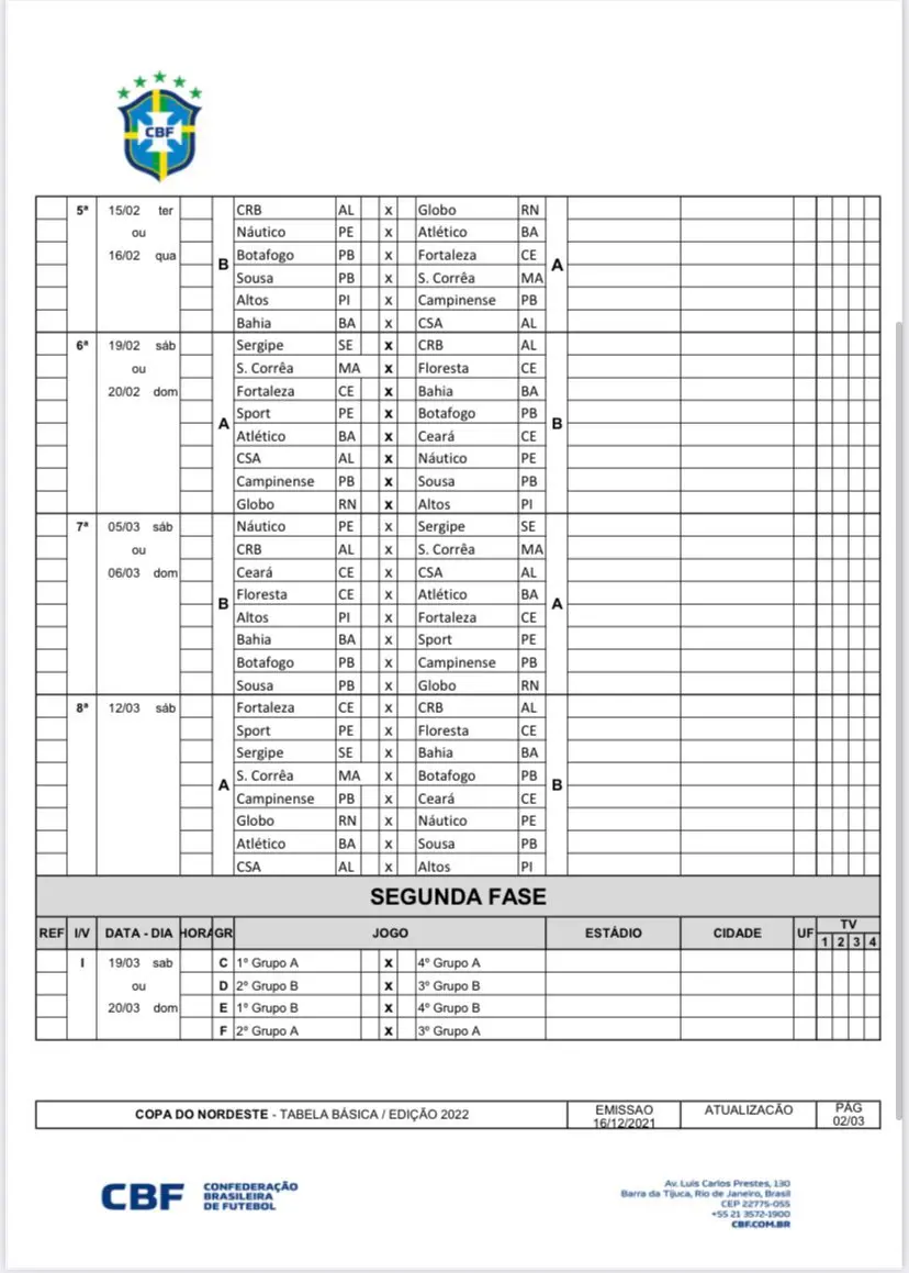 Segundo parte da tabela do Nordestão divulgada pelo CBF