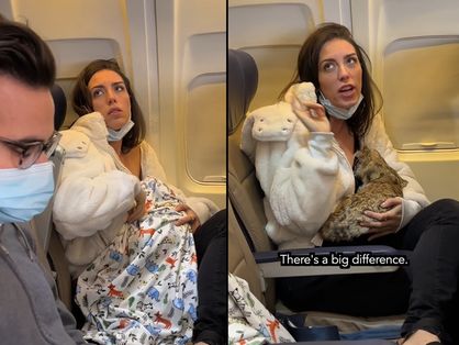 Vídeo de mulher amamentando gato de pelucia em voo