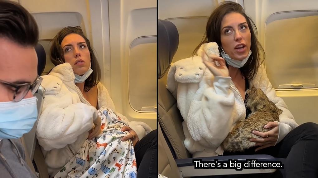 Vídeo de mulher amamentando gato de pelucia em voo