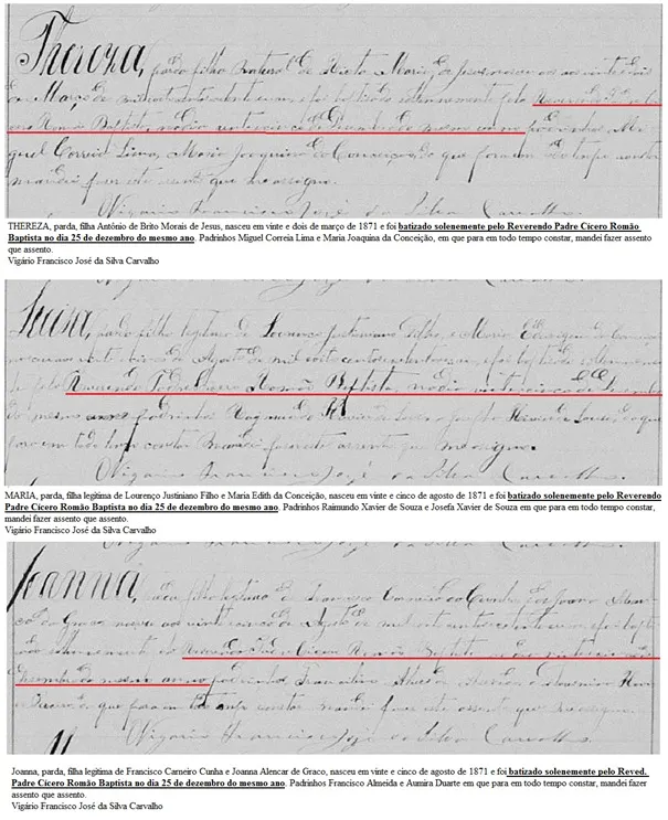 Registro de batismo de 3 meninas em Trairi em 25 de dezembro de 1871, quando o Padim deveria estar aqui em Juazeiro do Norte