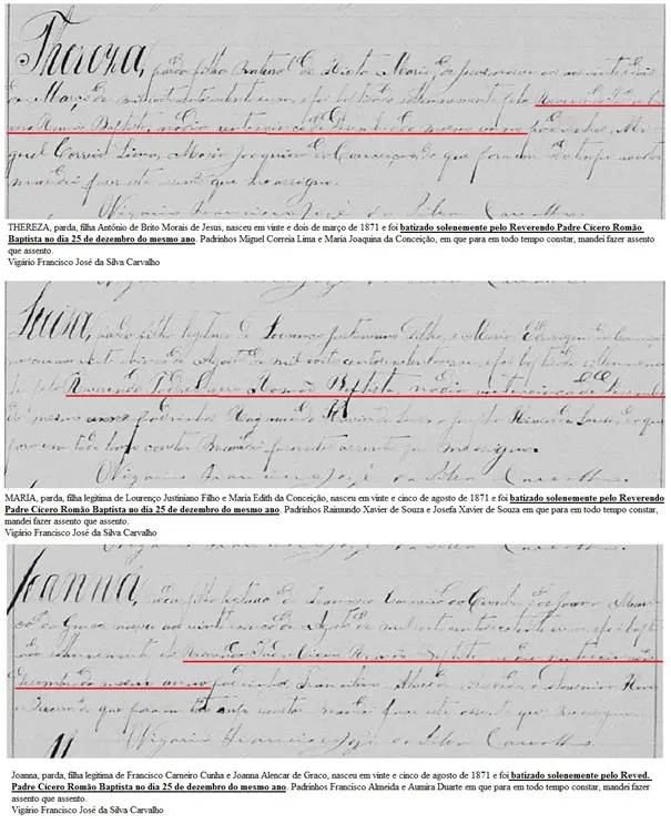 Registro de batismo mostra celebração de Padre Cícero