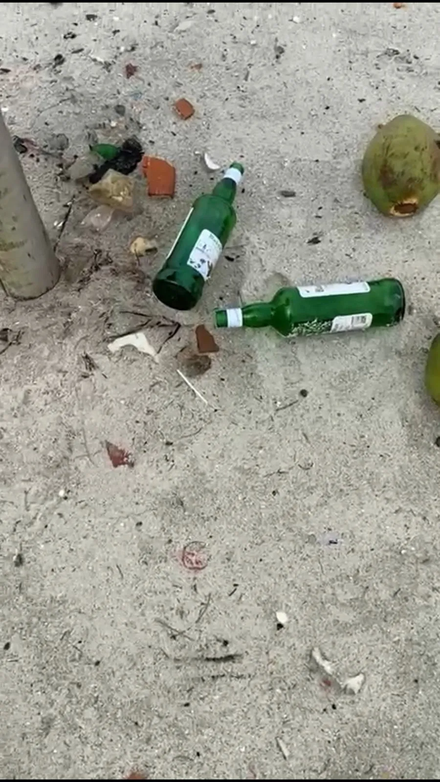 Em muitos trechos, ainda há garrafas de vidro espalhadas; algumas estão quebradas.