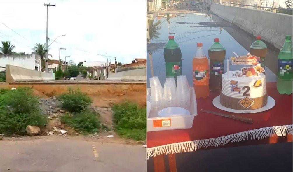 Montagem com imagem da ponte incompleta (à esquerda) e mesa com bolo e refrigerantes (à direita)