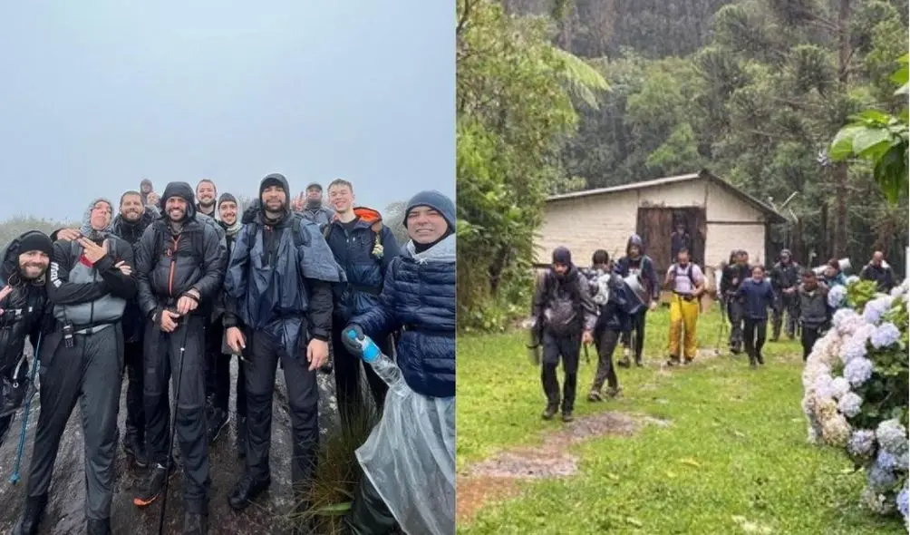 Montagem com foto do grupo no pico antes do resgate (à esquerda) e depois do resgate dos Bombeiros (à direita)