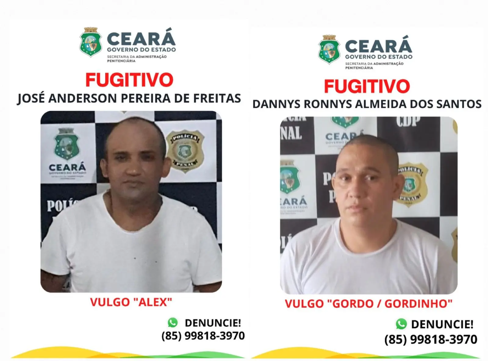 José Anderson Pereira de Freitas e Dannys Ronnys Almeida dos Santos realizavam atividades laborais quando se aproveitaram para fugir CDP