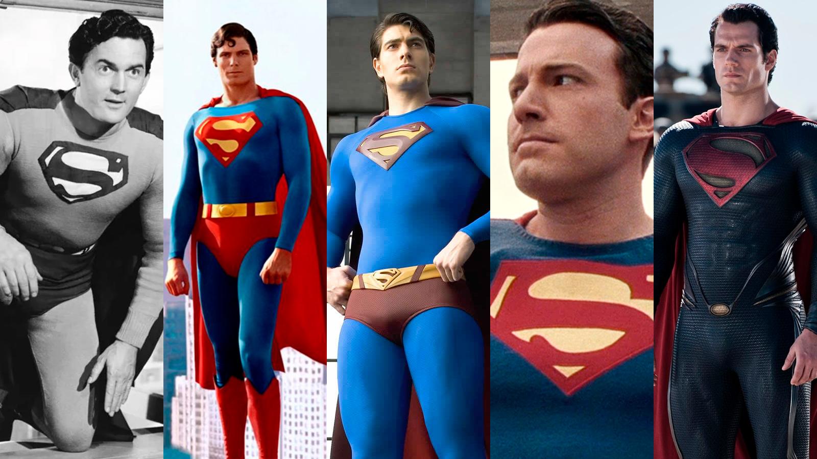 Versões do Superman no cinema com Kirk Alyn (1910-1999), Christopher Reeve (1952-2004), Brandon Routh, Ben Affleck e Henry Cavill