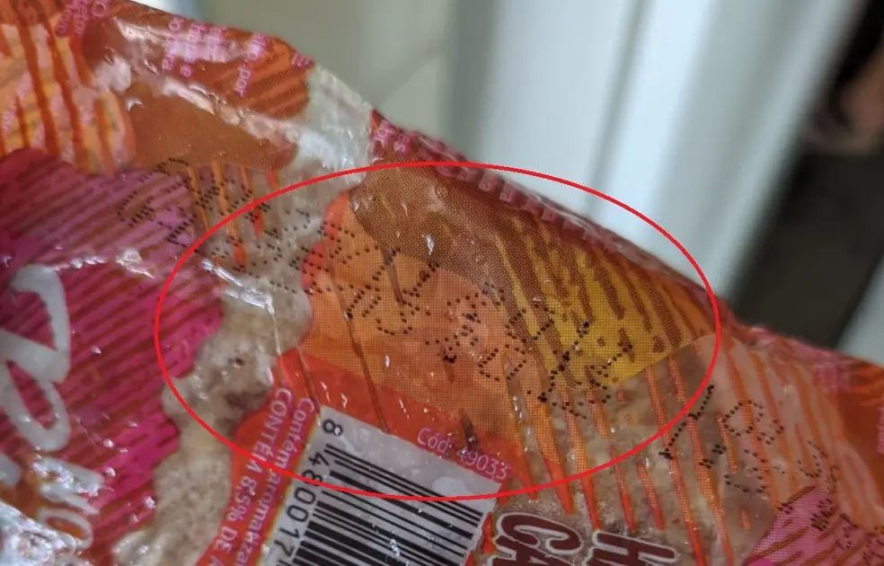 imagem da embalagem do hamburguer com as datas de fabricação e validade circuladas em vermelho