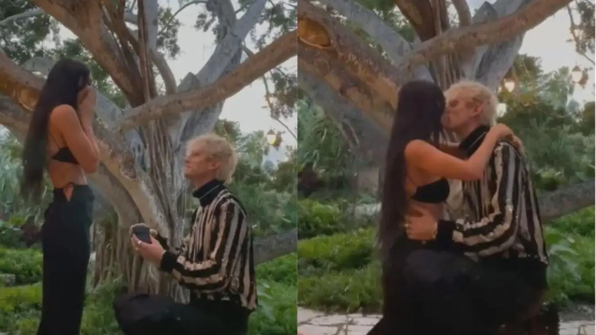 Megan Fox sendo pedida em casamento por Machine Gun Kelly, que está ajoelhado