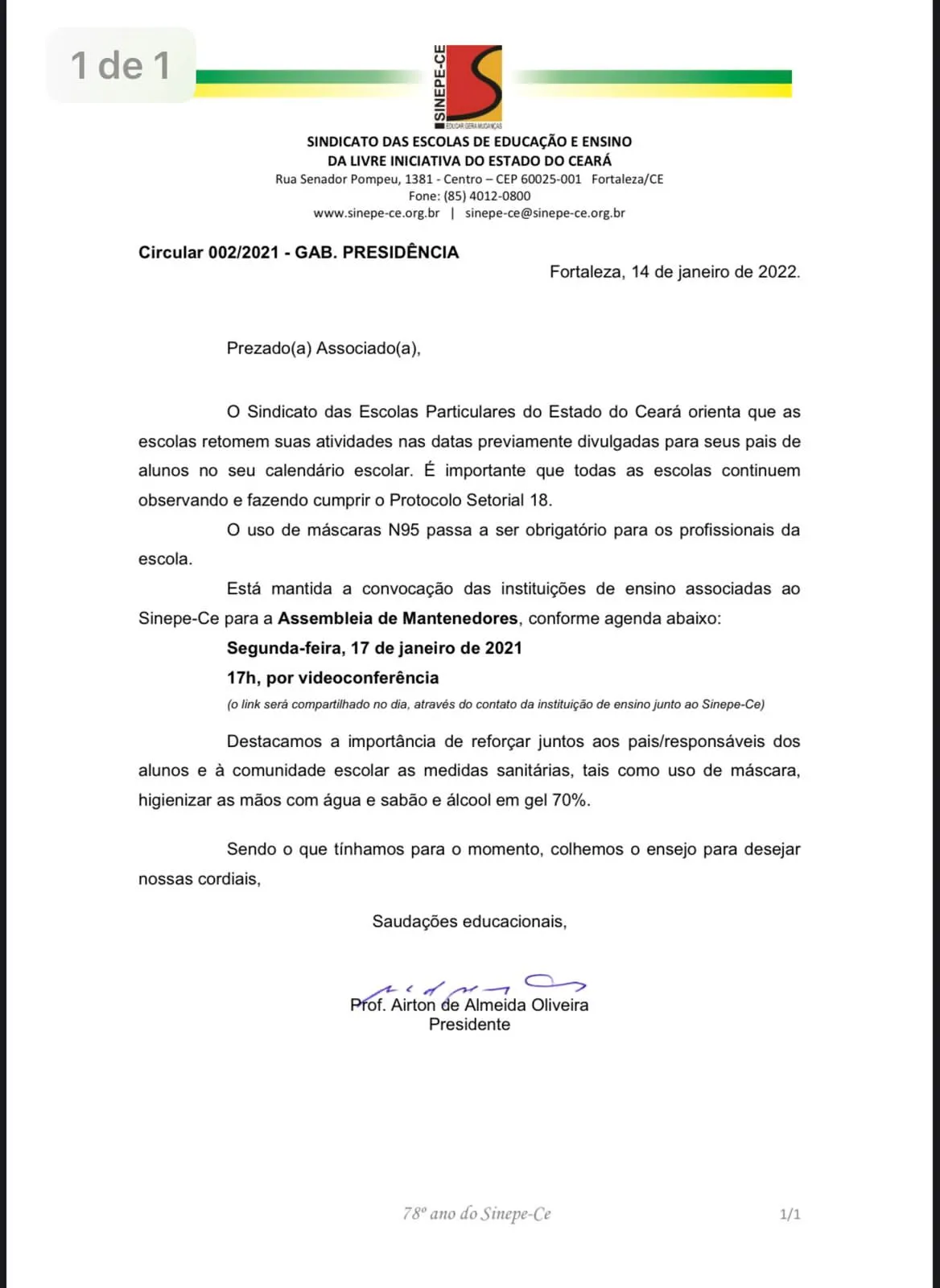 Circular também aponta para a obrigatoriedade do uso de máscaras N95 por profissionais das escolas
