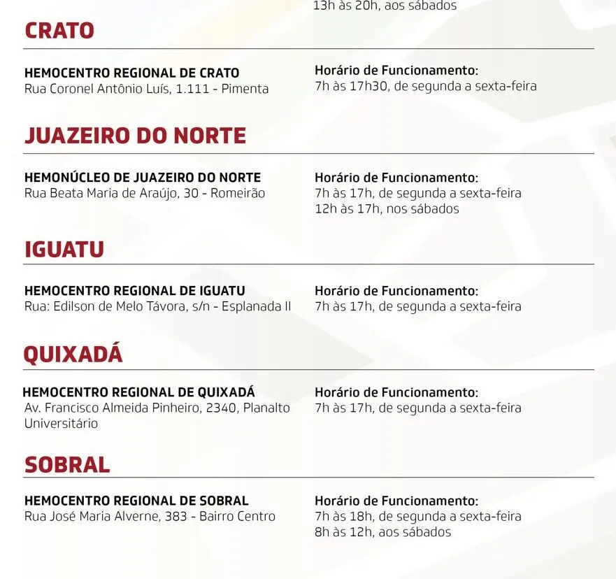 Veja horários e endereços no Interior do Ceará