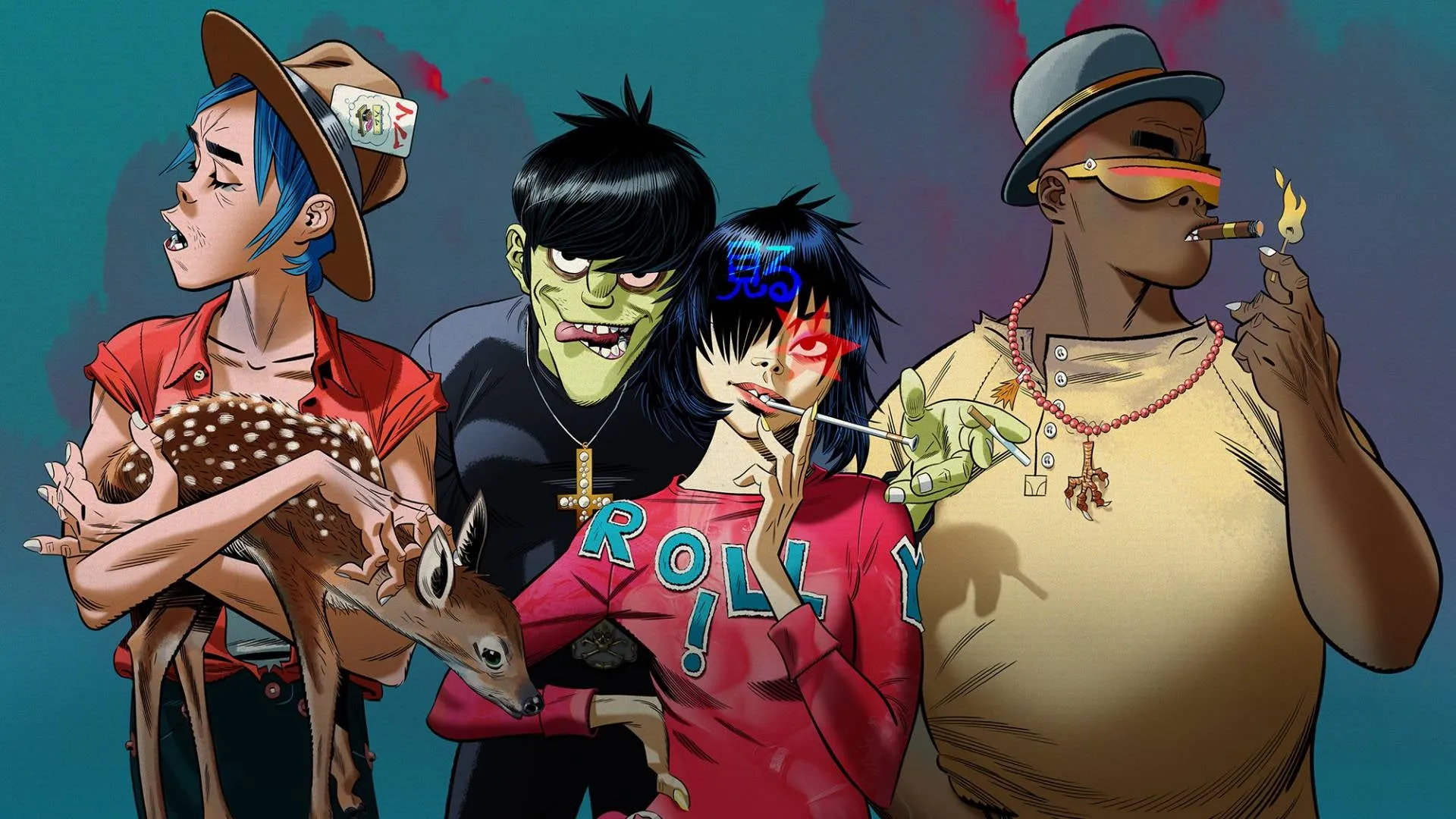 Os integrantes da banda Gorillaz: 2-D, Murdoc, Noodle e Russel.