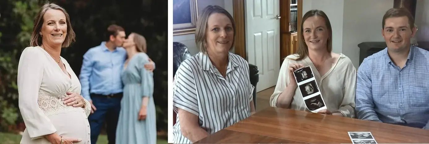 Maree Arnold (à esquerda), já grávida e carregando o filho da própria filha Meagen e do genro Clayde.