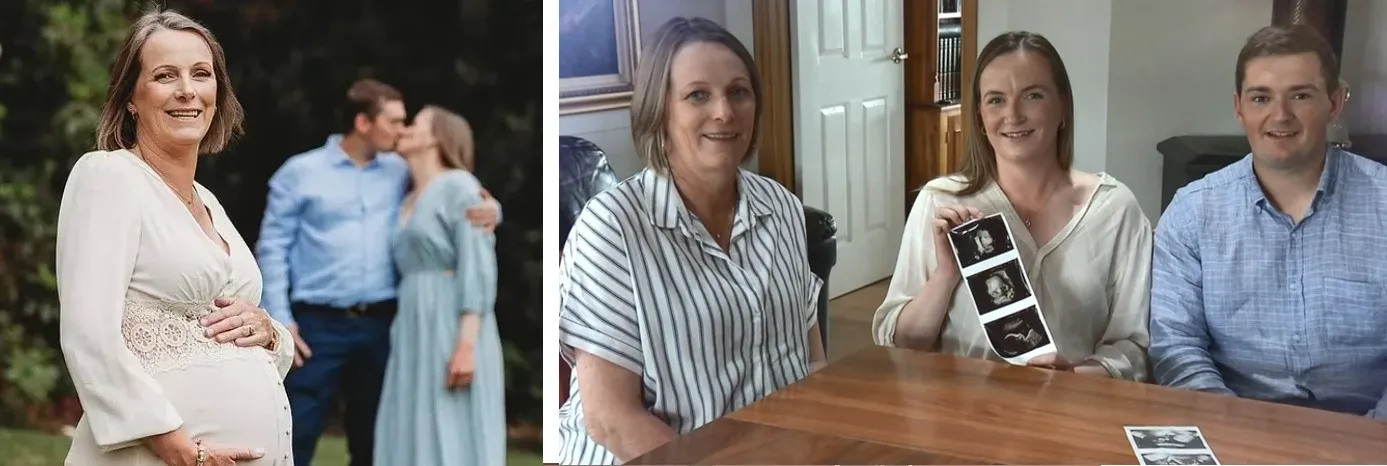 Maree Arnold (à esquerda), já grávida e carregando o filho da própria filha Meagen e do genro Clayde.