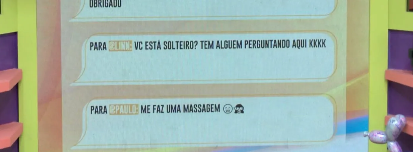 No telão da sala do BBB, uma mensagem anônima perguntou se Lina estava 