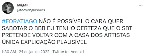 Tweet sobre #ForaTiago