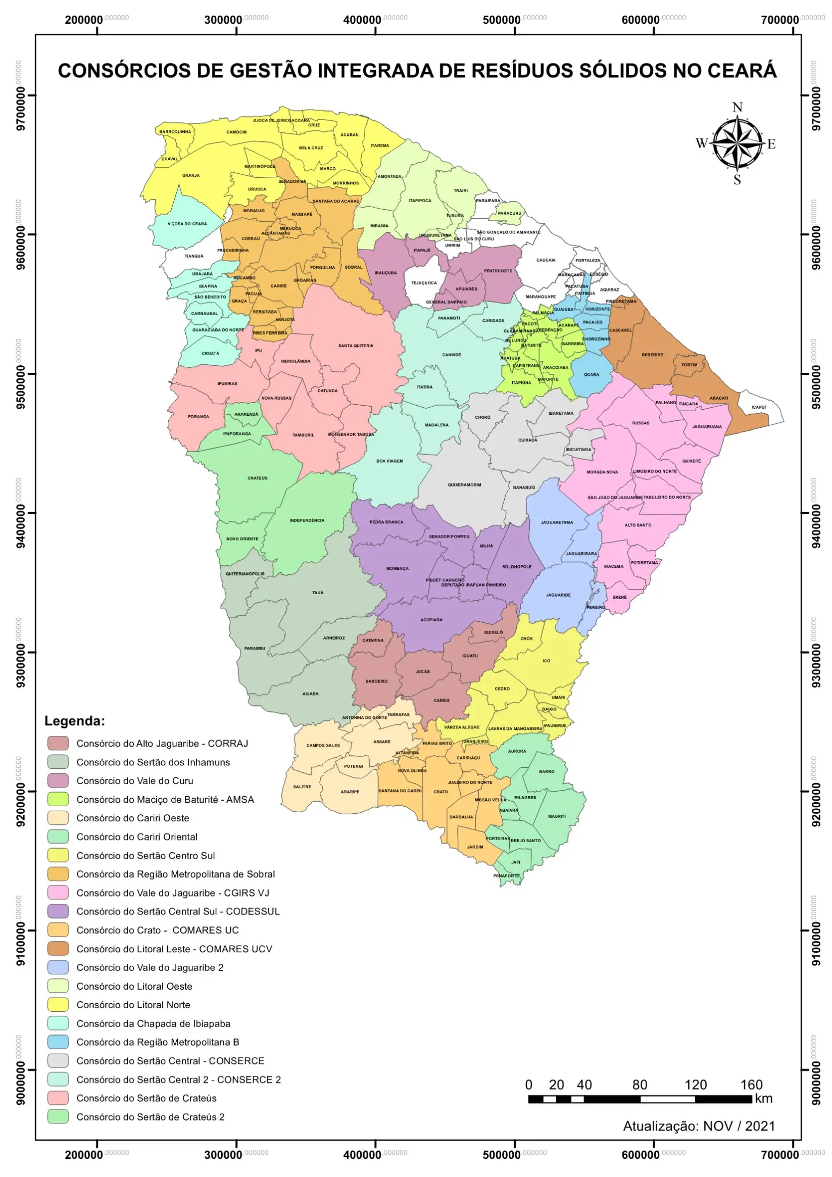 Mapa dos consórcios públicos de resíduos sólidos do Ceará.