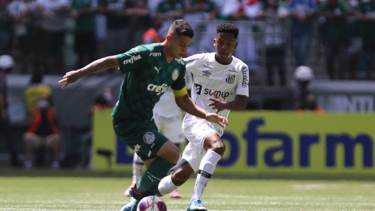 Atletas de Palmeiras e Santos disputam bola
