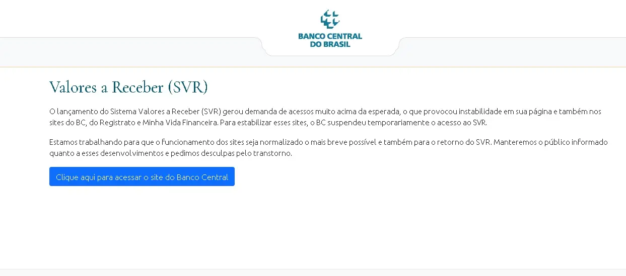 site do BC, com comunicado sobre alta demanda