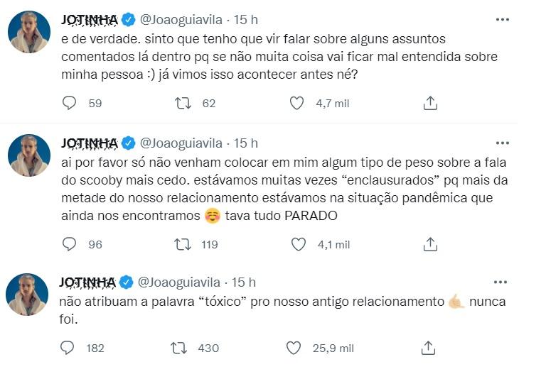 Tweets de João Guilherme sobre relacionamento com Jade