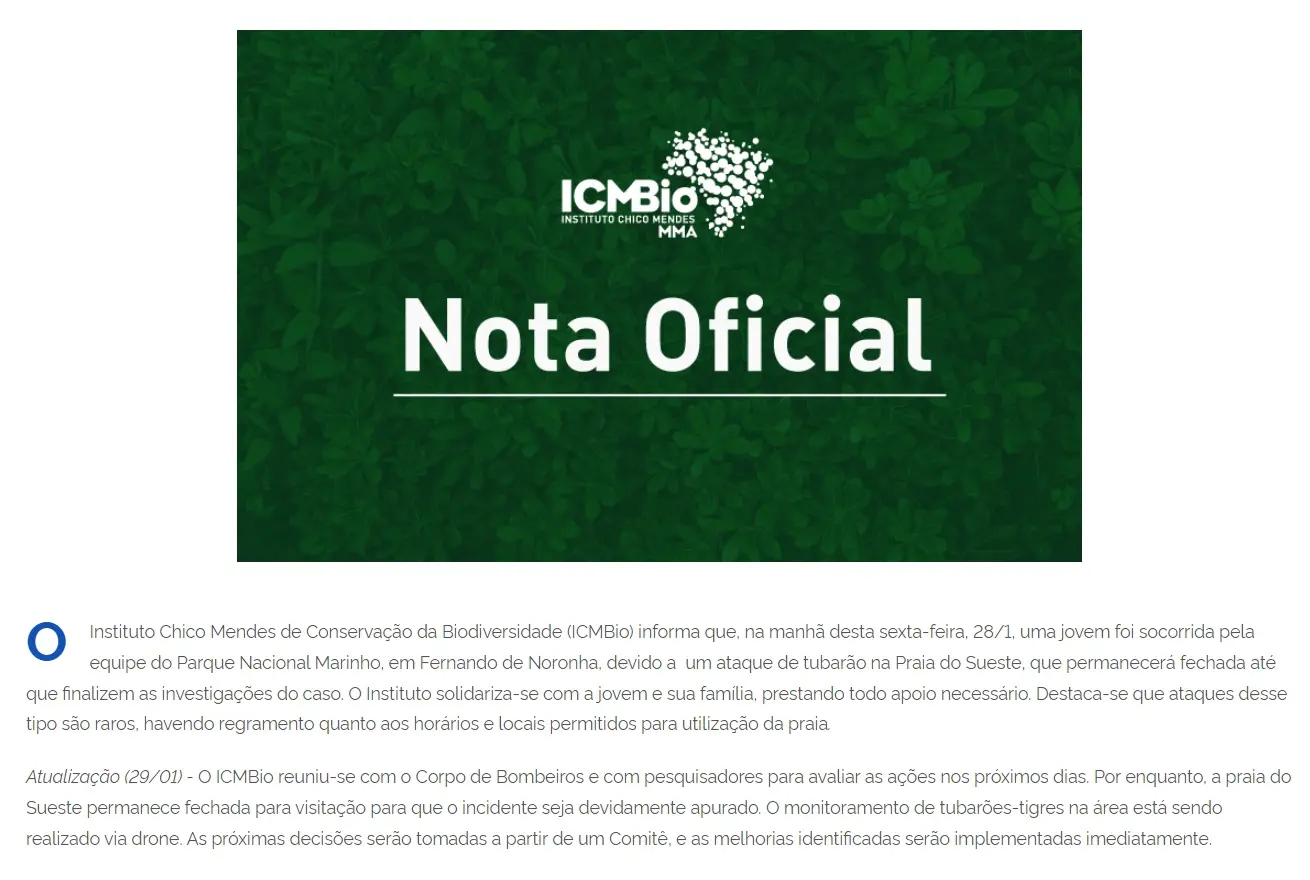 Nota do ICMBio publicada no portal da instituição