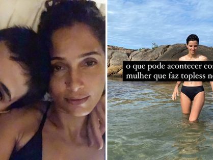 Colagem com duas fotos: na esquerda está Ana Beatriz Coelho e Camila Pitanga, quando namoravam; na direita está Ana Beatriz Coelho fazendo topless na praia
