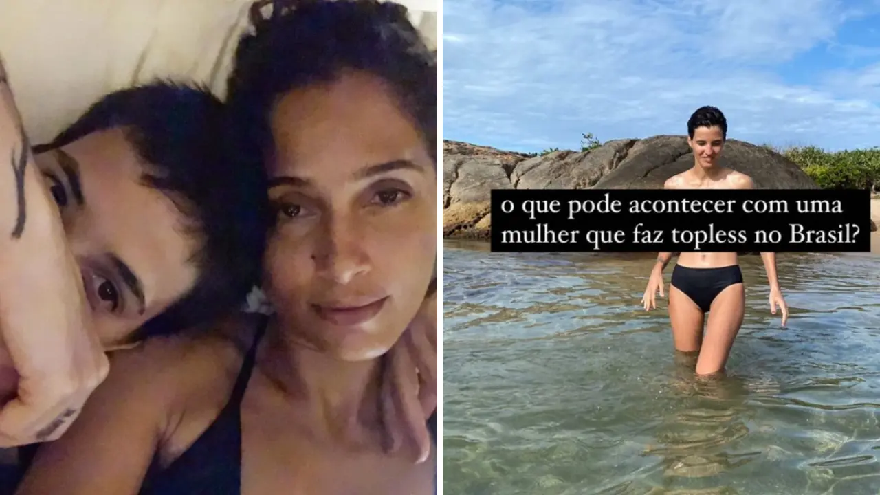 Colagem com duas fotos: na esquerda está Ana Beatriz Coelho e Camila Pitanga, quando namoravam; na direita está Ana Beatriz Coelho fazendo topless na praia