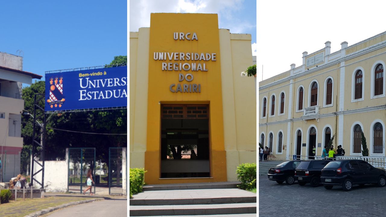 Colagem com imagens da Universidade Estadual do Ceará (Uece), Universidade do Vale do Acaraú (Uva) e Universidade Regional do Cariri (Urca)