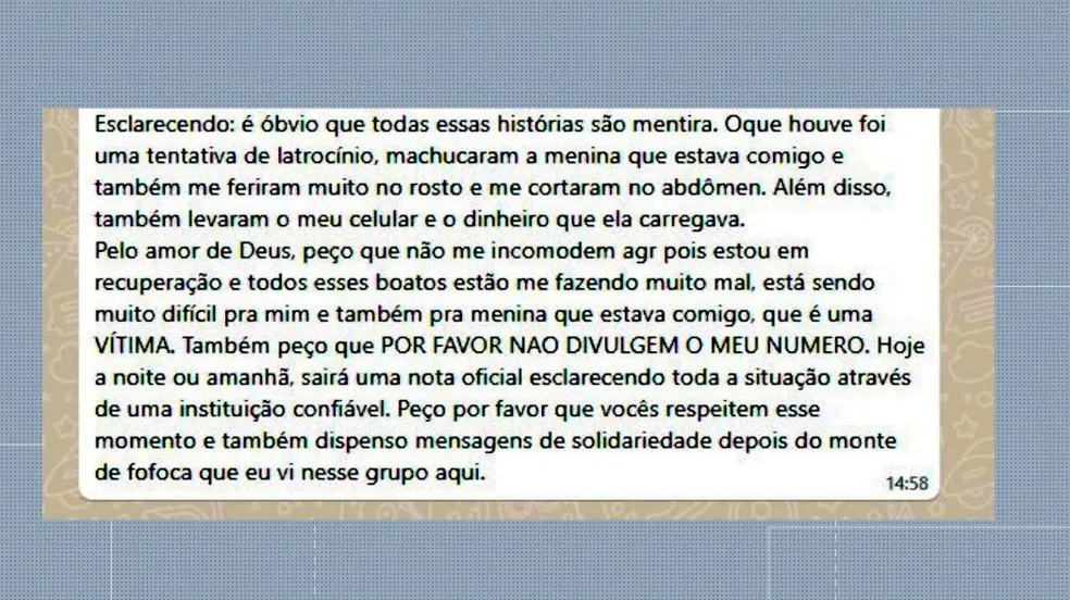 O jovem se pronunciou em grupo nas redes sociais, apontando que o caso seria esclarecido por meio de fontes oficiais.