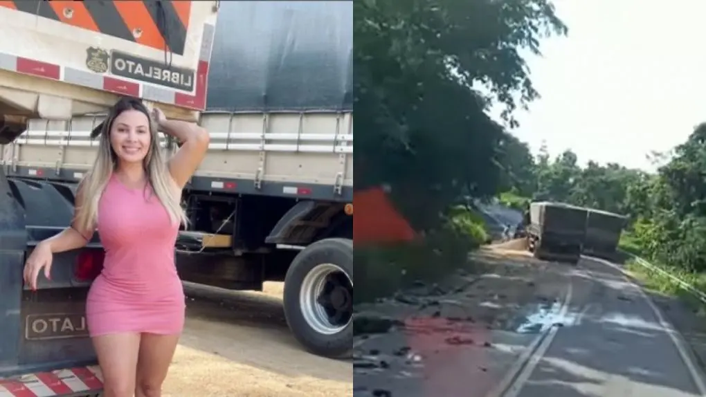 montagem com a foto de Aline Füchter e do local do acidente