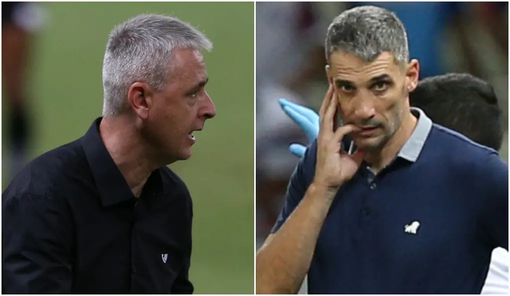 Técnicos Tiago Nunes e Vojvoda com expressões sérias