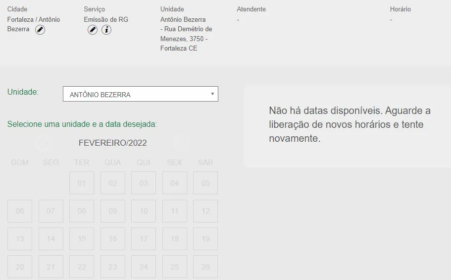 Print de tela com mensagem avisando sobre a falta de vagas.