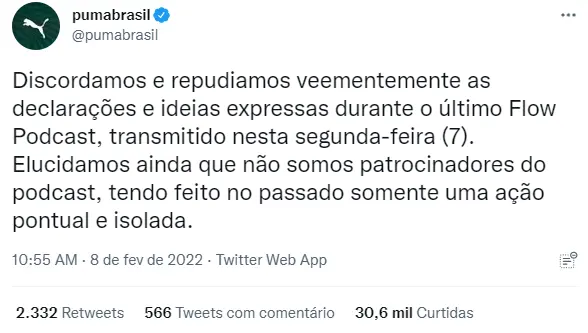 Posicionamento da Puma sobre comentários de Monark