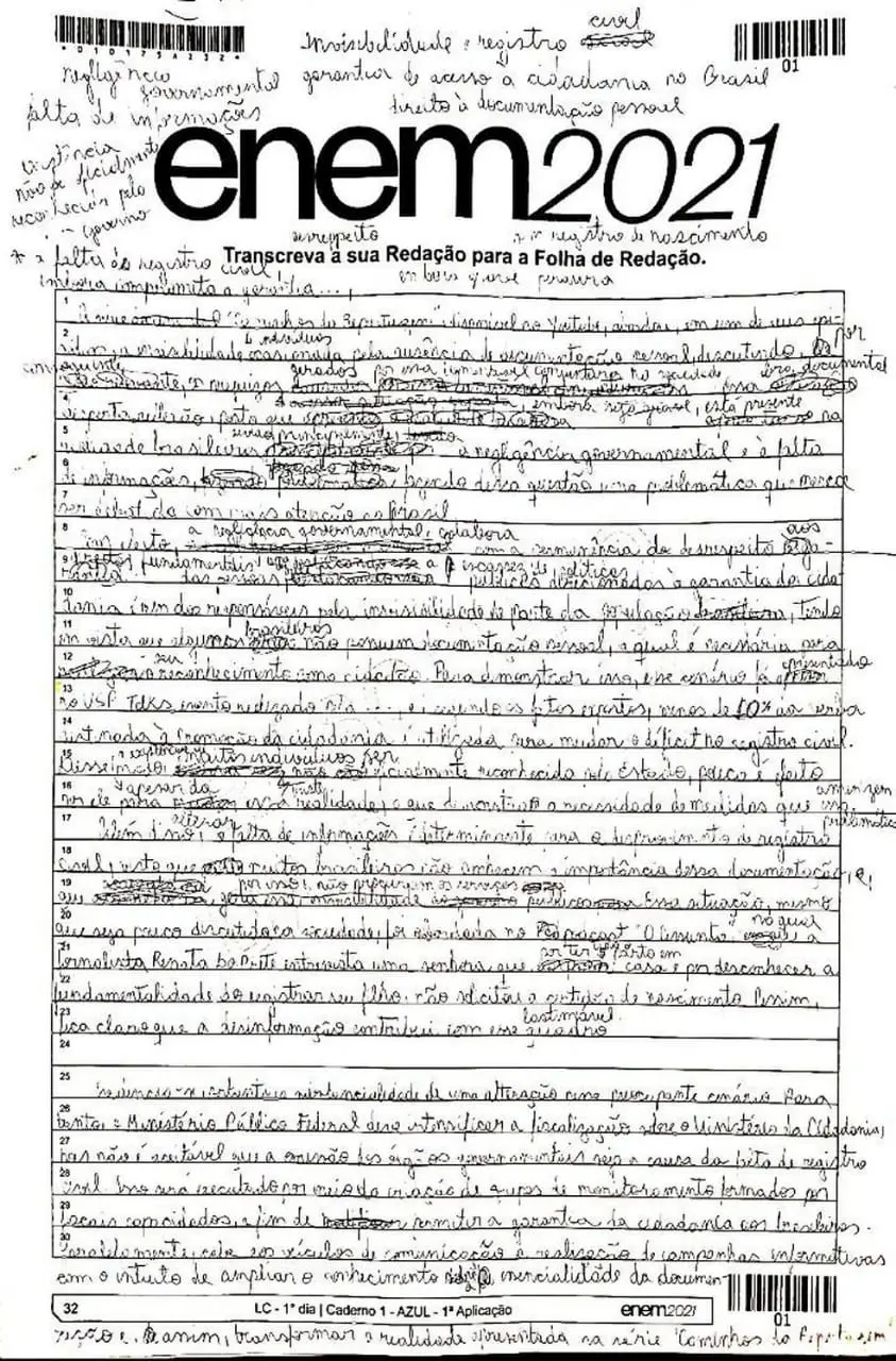 Rascunho da redação nota mil de Cássia Caroline