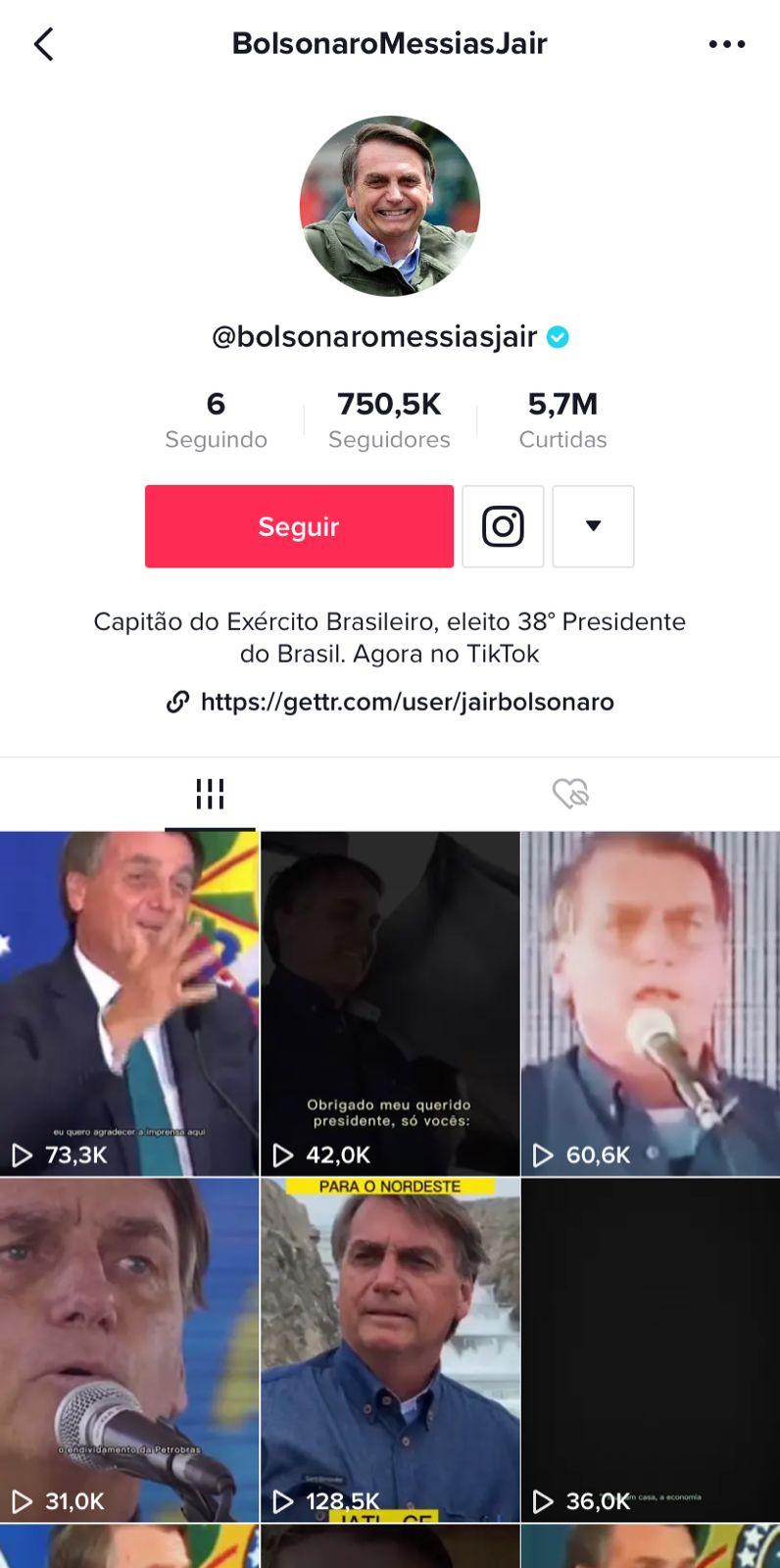 Perfil do presidente Jair Bolsonaro no TikTok.