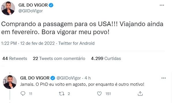 Tweets de Gil do Vigor sobre viagem aos Estados Unidos