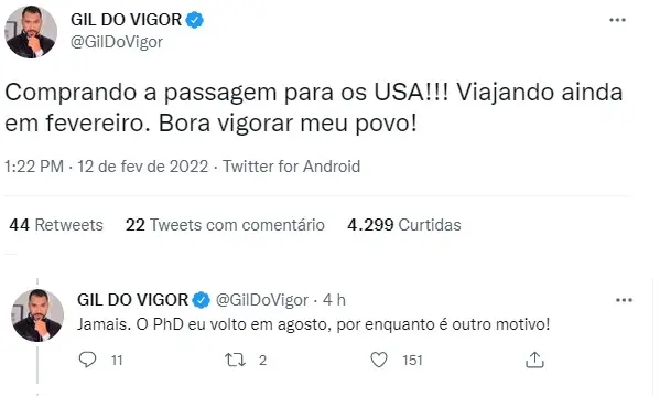 Tweets de Gil do Vigor sobre viagem aos Estados Unidos