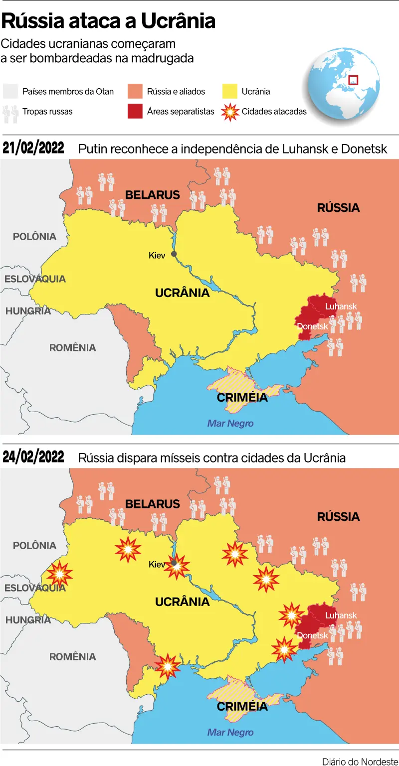 Mapa Rússia e Ucrânia