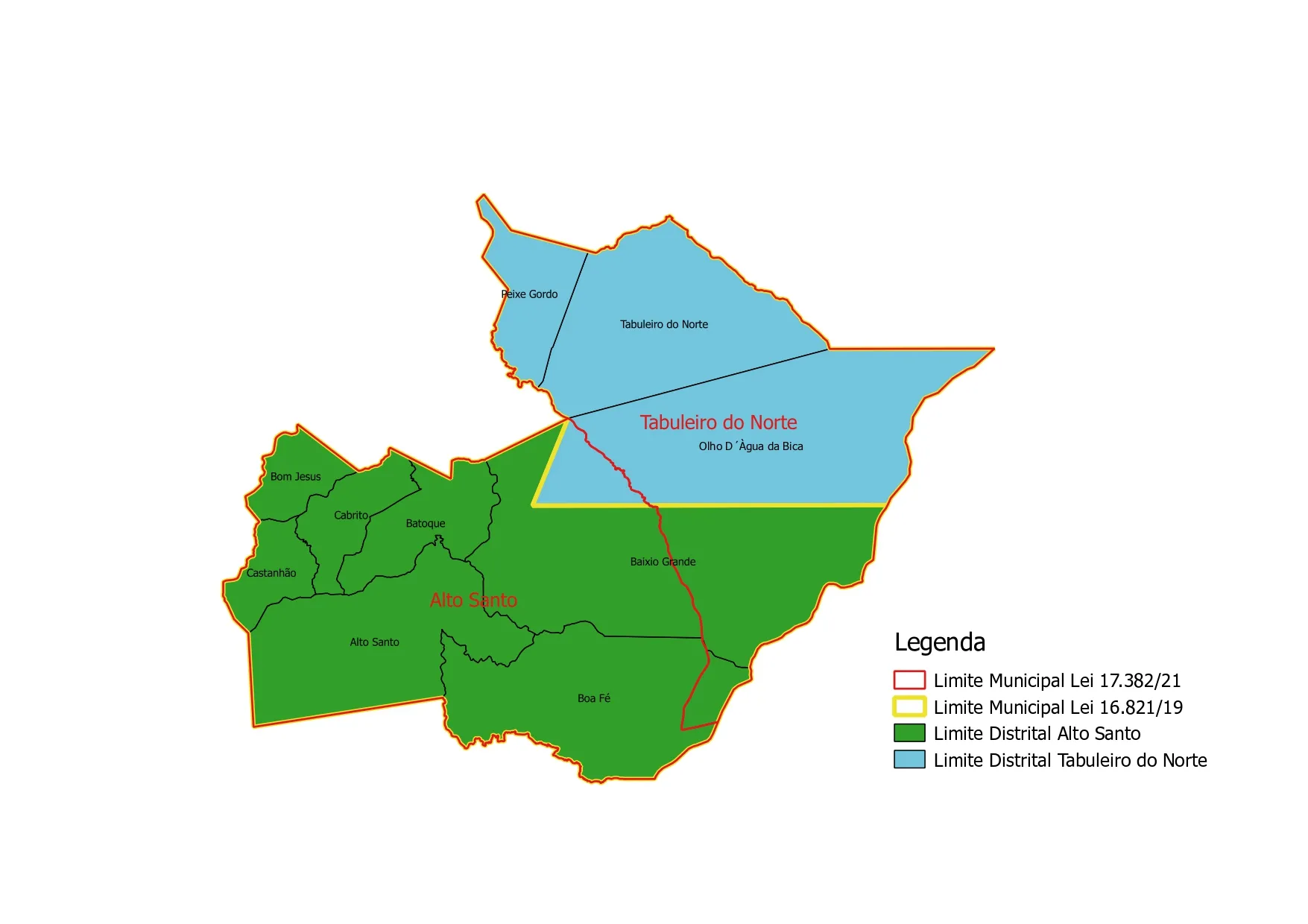 Mapa com novos limites territoriais de Alto Santo e Tabuleiro do Norte, no Ceará