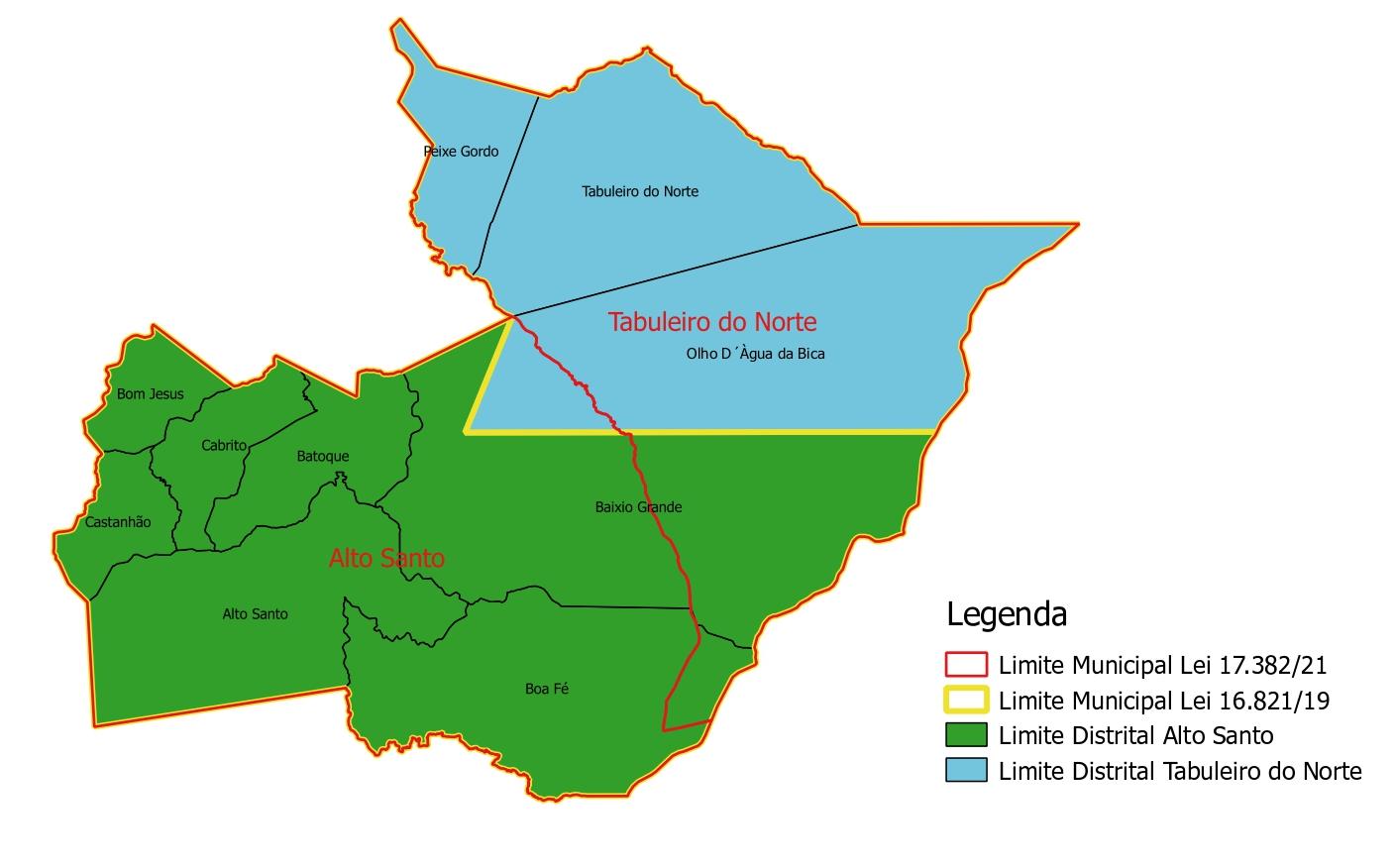 Mapa com novos limites territoriais de Alto Santo e Tabuleiro do Norte, no Ceará