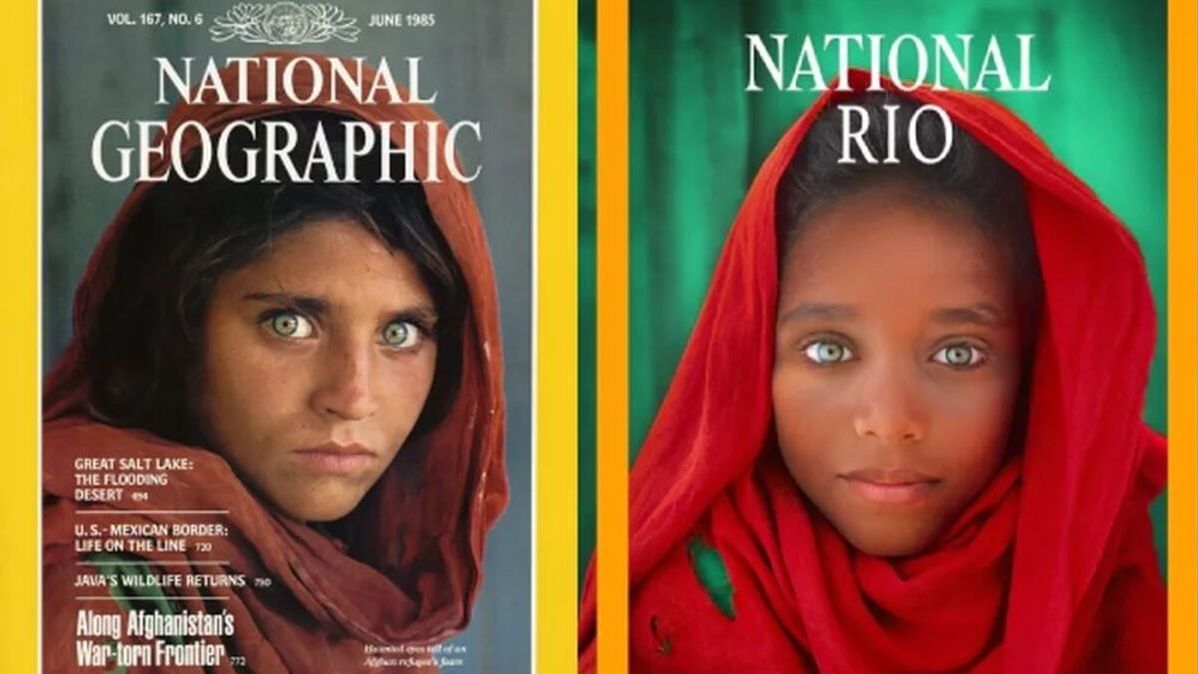 À esquerda, menina afegã na capa da National Geographic e à direta, o menino Davi reproduzindo a cena