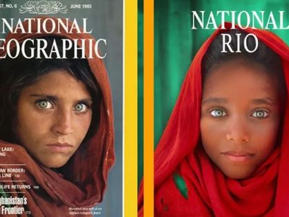À esquerda, menina afegã na capa da National Geographic e à direta, o menino Davi reproduzindo a cena