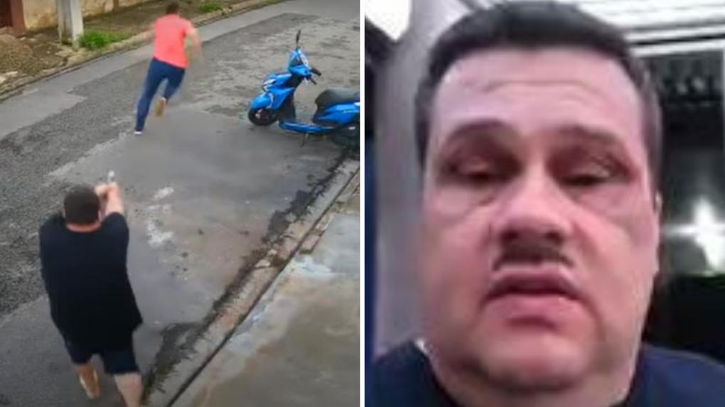 Montagem com frame de vídeo em que comerciante atira contra vice-prefeito de Atibaia e outro trecho de um vídeo do empresário assumindo o crime