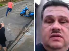Montagem com frame de vídeo em que comerciante atira contra vice-prefeito de Atibaia e outro trecho de um vídeo do empresário assumindo o crime